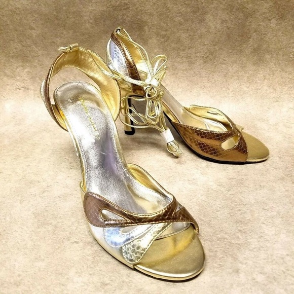 Delicious Cleopatra SnakeSkin GoldSilverBronze Strap Wrap Heels - Picture 4 of 10